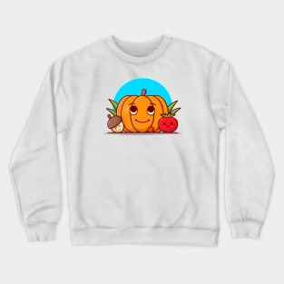 Happy Cute Pumpkin with Cute Acorn and Tomato Cartoon Vector Icon Illustration Crewneck Sweatshirt